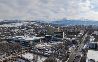 View from a quadcopter of the south-eastern part of the Kazakh city of Almaty on a winter day