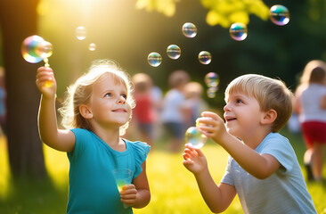 joyful children playing with soap bubbles in the summer in the park, backlit