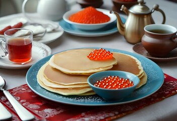 Maslenitsa. Pancakes on the table with red caviar, steaming in the sunlight