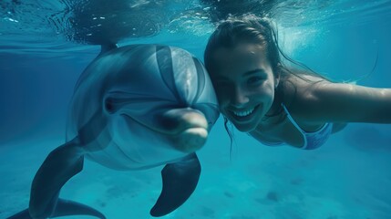Woman diving with dolphin