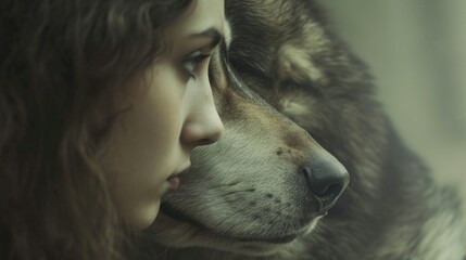 Portrait of a beautiful girl with a dog. Close-up