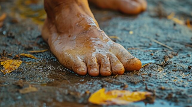Close up of human feet in mud puddle with autumn leaves