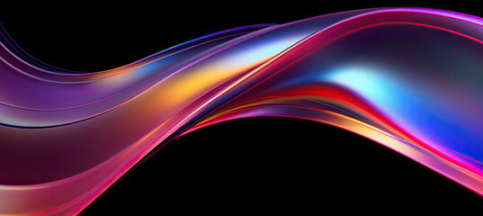 Abstract fluid iridescent holographic curved wave in motion colorful gradient design on black...