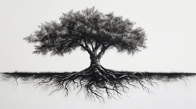Monochrome Illustration of a Majestic Tree with Deep Roots and Expansive Branches Symbolizing Time Continuity