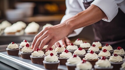Close-up of the pastry chef cooking, decorating cupcakes with cream and berries. Confectionery, bakery, small business, food concepts.