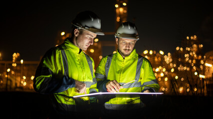 Engineer survey team wear uniform and helmet stand workplace checking blueprint project and radio...