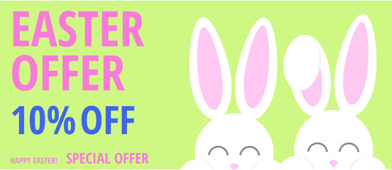 Sweet easter sale illustration with color Painted Egg and white rabbit on yellow background. Vector Easter Holiday Design Template for Coupon, Banner, Voucher or Promotional Poster. Bunnywith label.