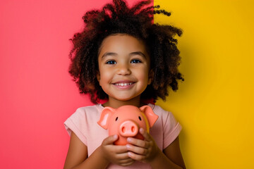 Smiling mixed race girl holding piggy bank on vivid yellow and pink background.  - obrazy, fototapety, plakaty