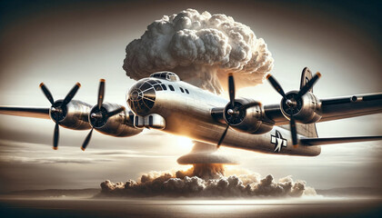 Bomber Plane with an Atomic Bomb in the Background - obrazy, fototapety, plakaty