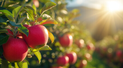 Fruit farm with apple trees. Branch with natural apples on blurred background of apple orchard in golden hour. Concept organic, local, season fruits and harvesting. Apples with water dripping on them - obrazy, fototapety, plakaty