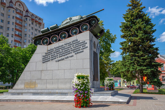 TAMBOV, RUSSIA - JUNE 03, 2023: Monument "Tambov collective farmer" (T-34 tank). Tambov, Russia
