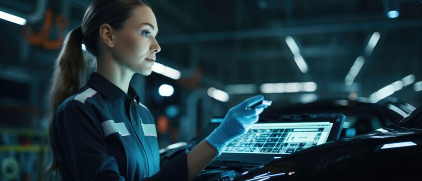 Confident female worker checking detailing expert EV car getting ready to use in a modern automotive manufacturing with skillfully operating high tech machinery, Generative Ai