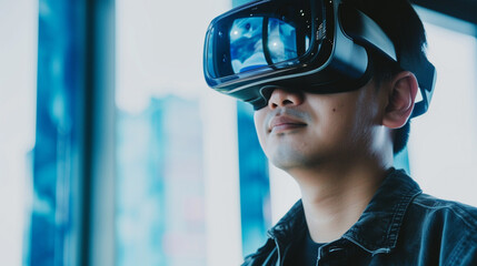 A man wearing virtual reality goggles. Concept of future technologies. The future is now.