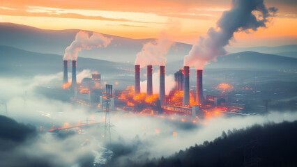 Industrial power plant emitting smoke and pollutants at dusk, creating a dramatic foggy landscape with an orange glow.