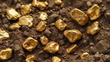 Large gold nuggets on brown dirt, emphasizing the contrast and richness of unearthed precious metal.