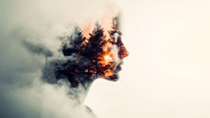Artistic double exposure of a woman's profile blending with a sunset forest, creating a serene and dreamlike image.