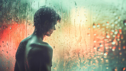 Silhouette of a thoughtful guy through a rain-splattered window, evoking a sense of solitude and reflection. - obrazy, fototapety, plakaty