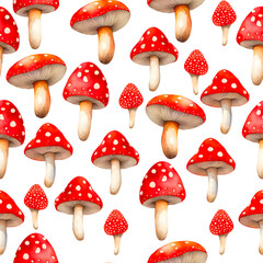 Watercolor seamless pattern of red fly agaric.