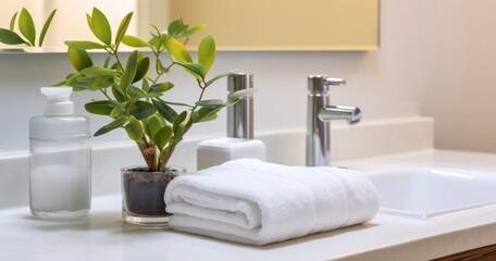 Fototapeta na wymiar A Stylish Bathroom Tray Holding Towels and Soap, Next to a Potted Plant on a Marble Countertop, Beneath a Vanity Mirror