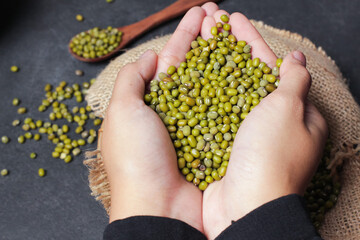 Close-up of mung beans in a burlap sack. A woman's hand holds mung beans