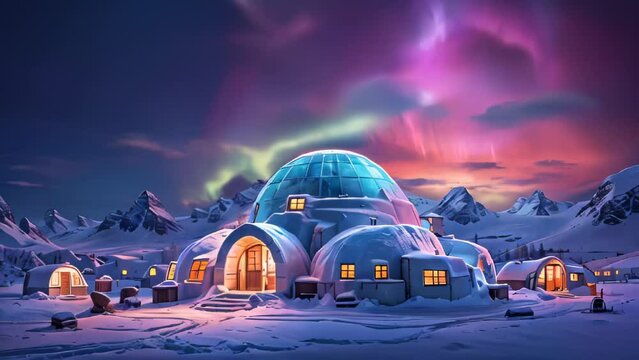 Ice igloos on the background of a winter landscape. AI
