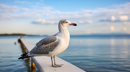 Fototapeta premium The Tranquil Scene of a Seagull Overlooking the Ocean as the Sun Dips Below the Horizon