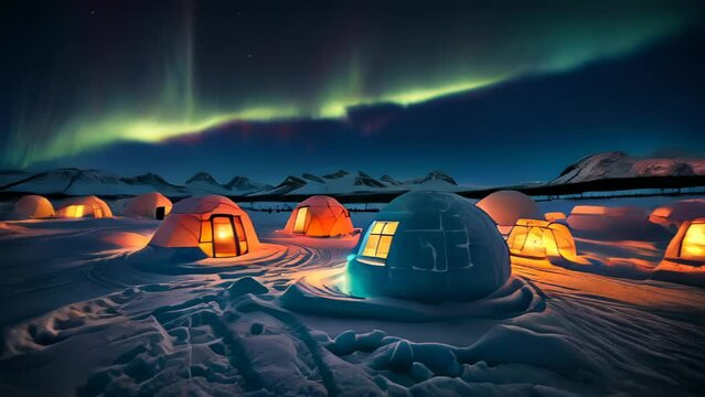 Ice igloos on the background of a winter landscape. AI