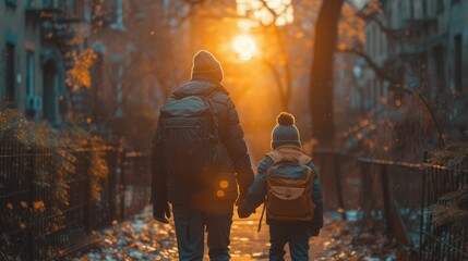 a heartwarming moment of a parent walking hand in hand with two pupils, backpacks on - obrazy, fototapety, plakaty