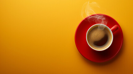 Red Background Coffee Cup with Saucer and Spoon, Isolated Hot Espresso Beverage on White, Morning Cafe Aroma