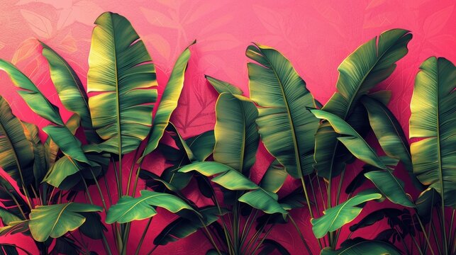a glamorous tropical seamless pattern, featuring artistically hand-drawn palm and banana leaves in a vintage 3D style, vibrant and luxurious