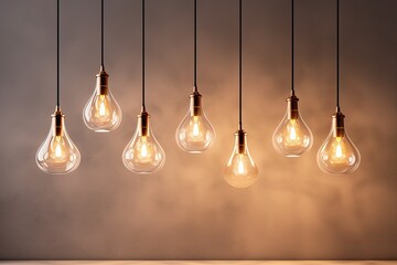 different lamps and chandeliers in the interior. light warm white room walls in the background