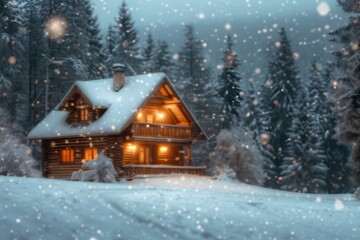  cabin nestled in a snowy mountain landscape