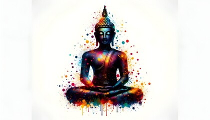 Portrait with the silhouette of a Buddha statue in meditation pose in paint splatters style.