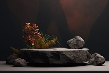 unhewn stone podium with arch with dried flowers, and field herbs growing behind. dark sunset light shadow minimalistic background