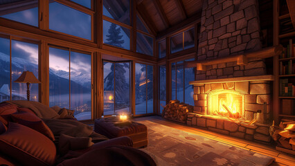 Warmth of Home: Lit Fireplace in a Cozy Cabin