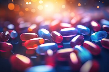 medical multi-colored tablets and capsules pills randomly lying on the table. wide horizontal pharmaceutical background with empty spaces for text - obrazy, fototapety, plakaty