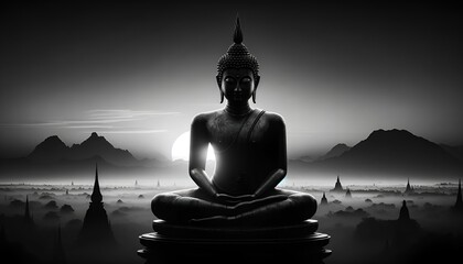 Silhouette of a Buddha statue in meditation pose in black and white.