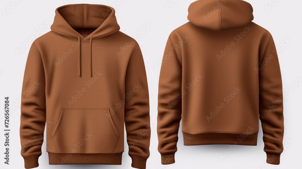 Wall mural Set of brown front and back view tee hoodie hoody sweatshirt on transparent background cutout, PNG file. Mockup template for artwork graphic design