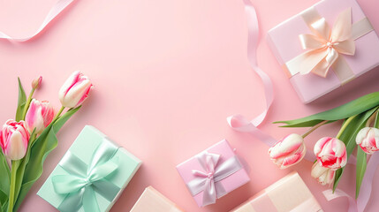 pink tulips and gift box on wooden background