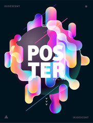 Poster design with fluid multicolor 3D bubbles and geometric shapes. Bright minimalistic banner. - 726567237