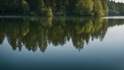 reflection of trees in water A serene lake with gentle ripples on the surface. The water is clear and reflects the blue sky  