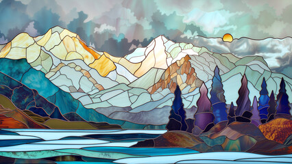 Tranquil Peaks: A Mottled Stained Glass Snow Mountain