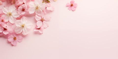 Naklejka na ściany i meble Cherry blossom, Spring floral background. April floral nature and spring Sakura blossom on soft pink background with copy space. Flat lay, Bloom flowers, Springtime concept.