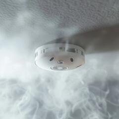 Smoke alarm attached to the ceiling, surrounded by a small amount of smoke, white metal shell, depth of field effect, soft lighting under natural light, cool colour tone