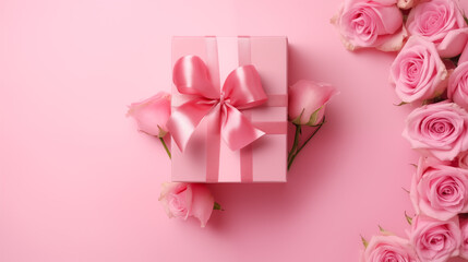Valentine's Day gift. Top view of pink gift box with bow and ribbon and rose on light pink background. Greeting card. Web poster for Anniversary, Holiday, Birthday, Wedding, Romantic and couple.