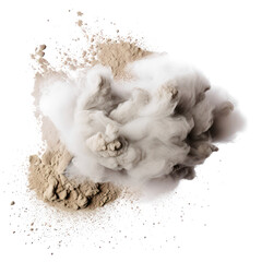 Abstract flying dust and debris, dirt cloud explode smoke cloud, a soft dust explode cloudy on transparent png.