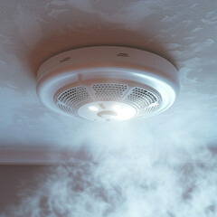 Smoke alarm attached to the ceiling, surrounded by a small amount of smoke, white metal shell, depth of field effect, soft lighting under natural light, cool colour tone - obrazy, fototapety, plakaty