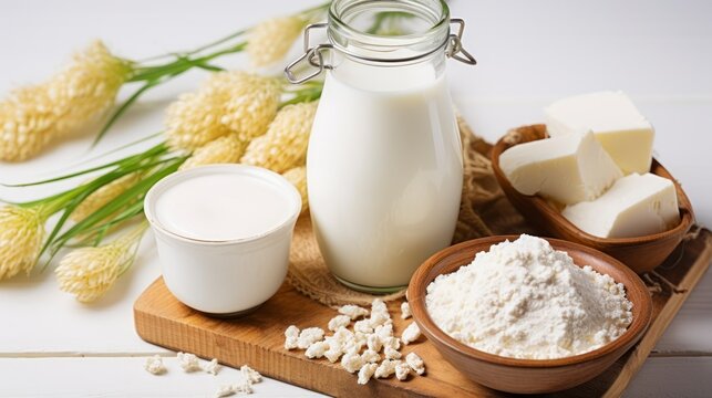 Top View of Wholesome Dairy Products and Wheat Grains, Elegantly Arranged on White Wood