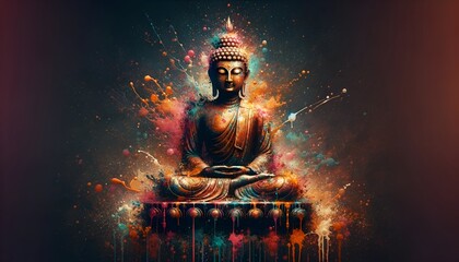  Buddha statue in a splatter paint style. - obrazy, fototapety, plakaty
