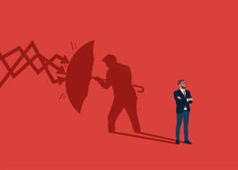 Businessman standing with shadow man holding umbrella to cover and protect from downturn arrow. Defensive stock in economy crisis or  insurance concept. Flat vector illustration